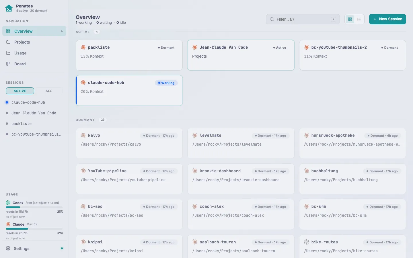 The Penates session dashboard